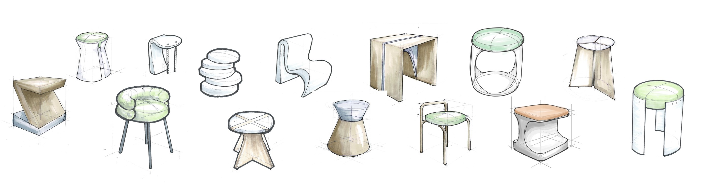 Marker sketches of fifteen stool concepts, from cushioned and stacked seats to folded sheet metal bases with split seats