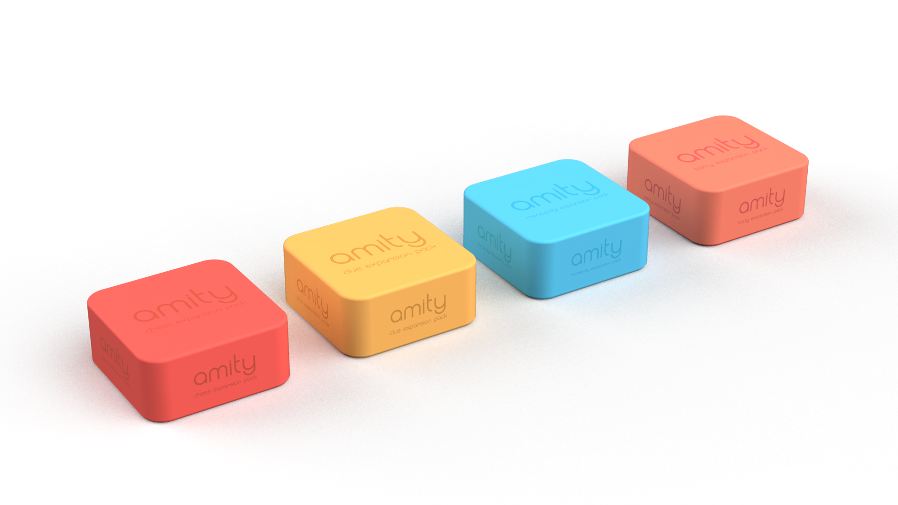 Four Amity expansion pack boxes in brand colors