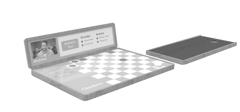 Early concept render of a checkers game board with a video call screen