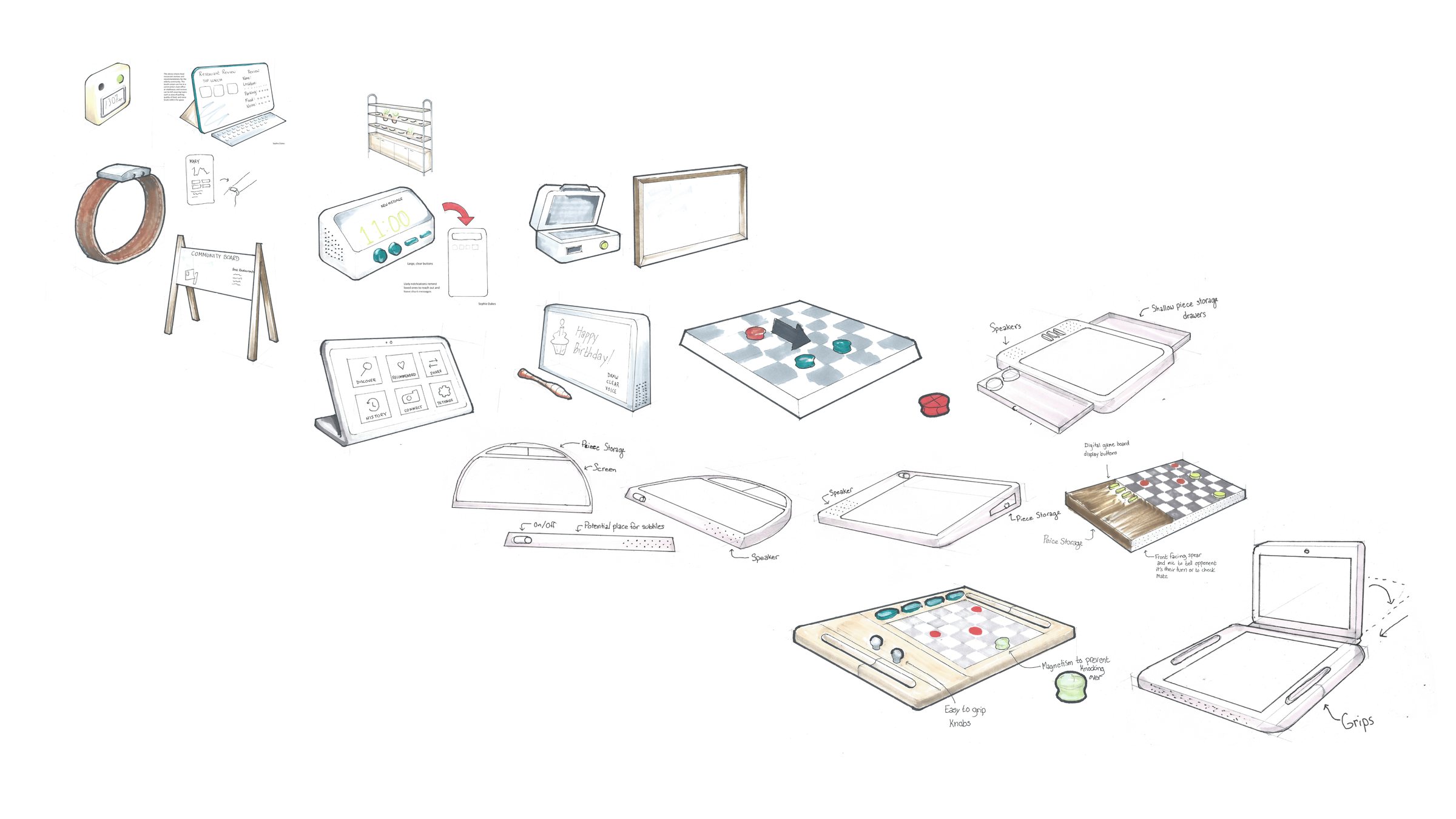 Early ideation sketches, from wearables and community boards to a shared game board
