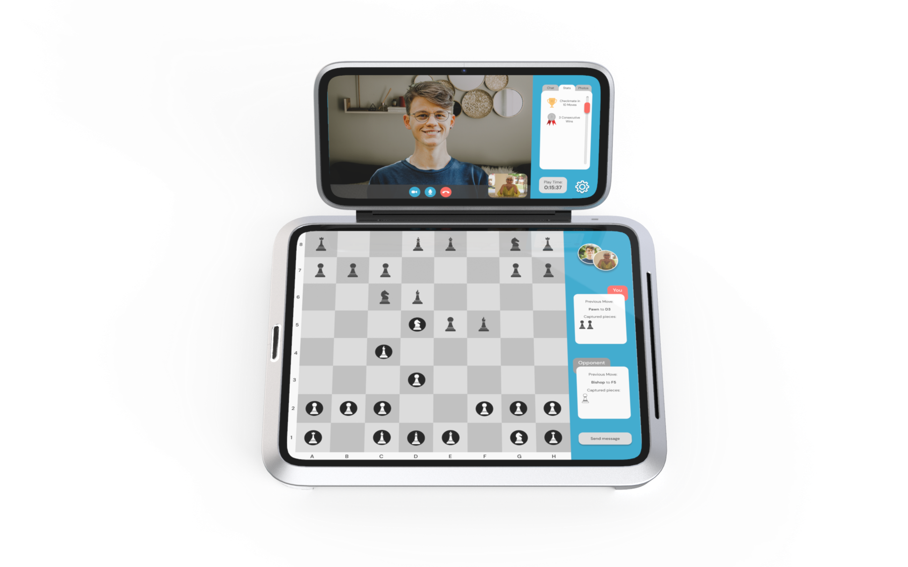 Chess on the landscape board with the video call on the second screen