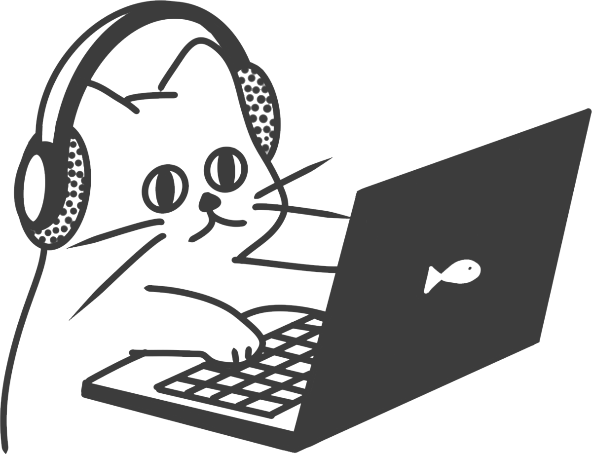 Illustration of a cat in headphones typing on a laptop