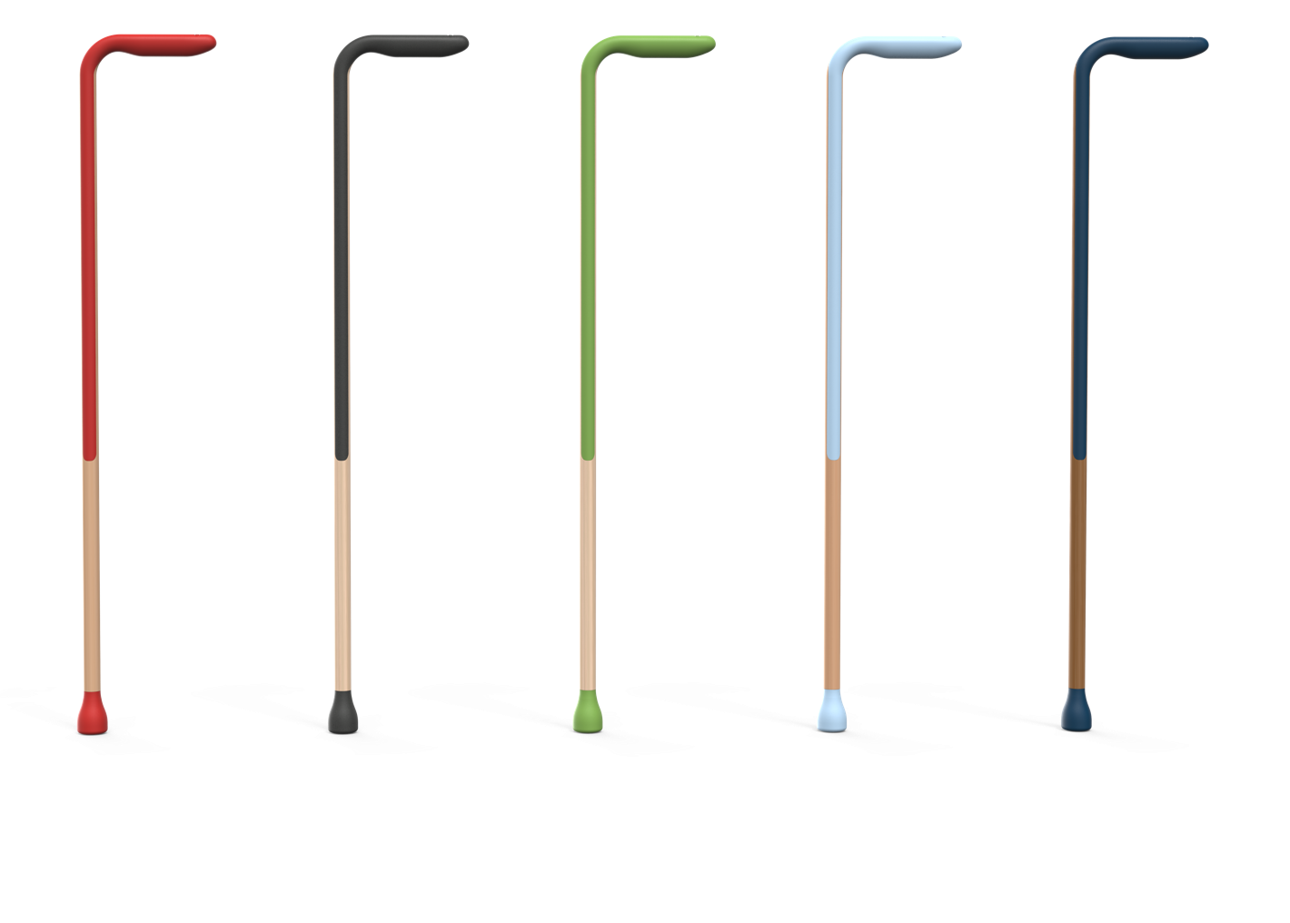 Five cane colorways: red, graphite, green, light blue, and navy