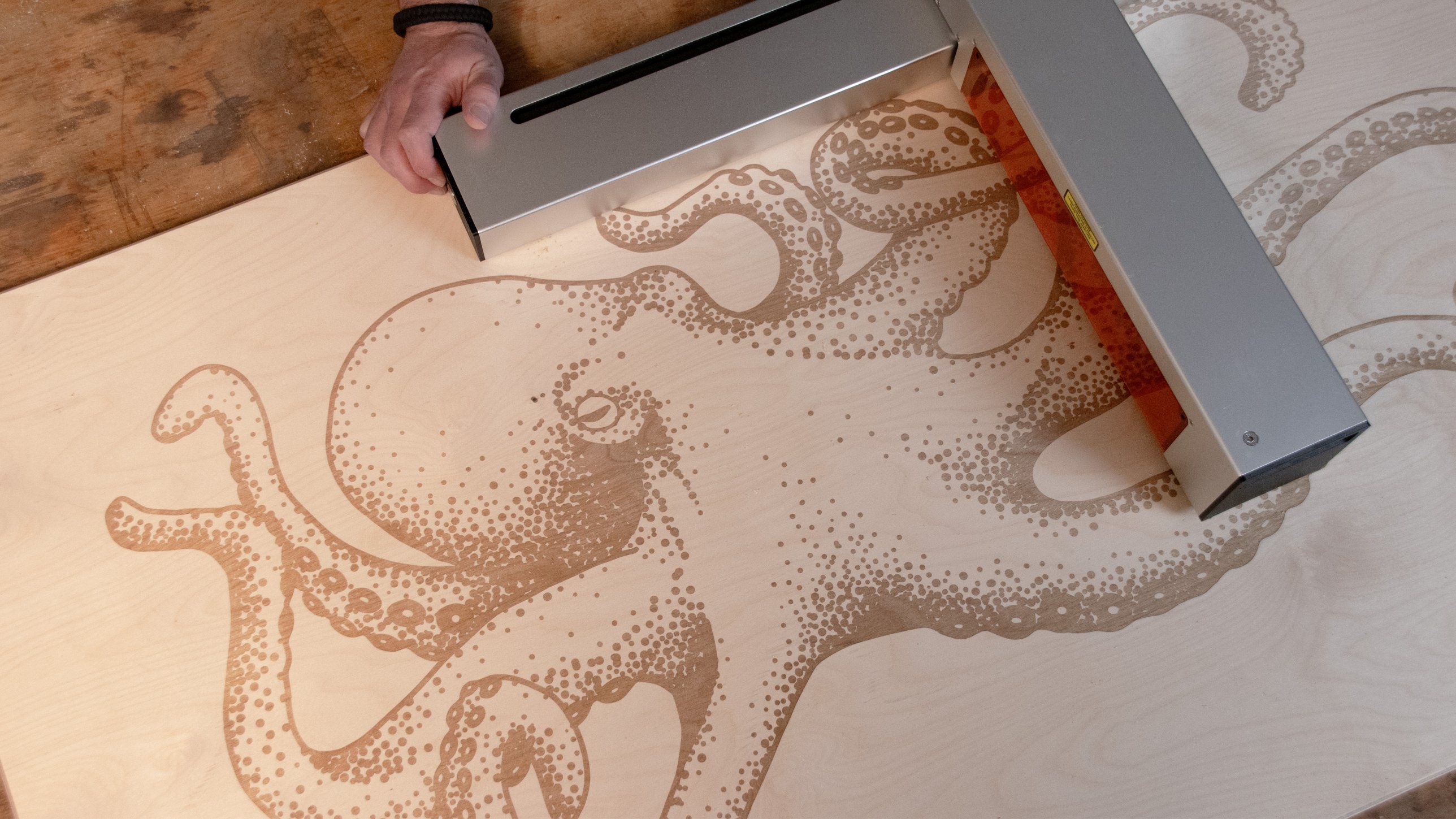Optic engraving a large octopus design onto a plywood sheet